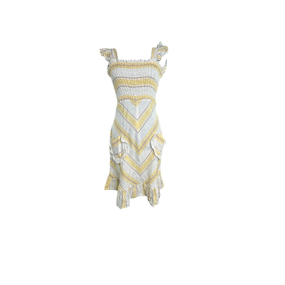 Betsey‎ Johnson Linen Dress Stripes Yellow Pockets Ruffle Sundress Size 4